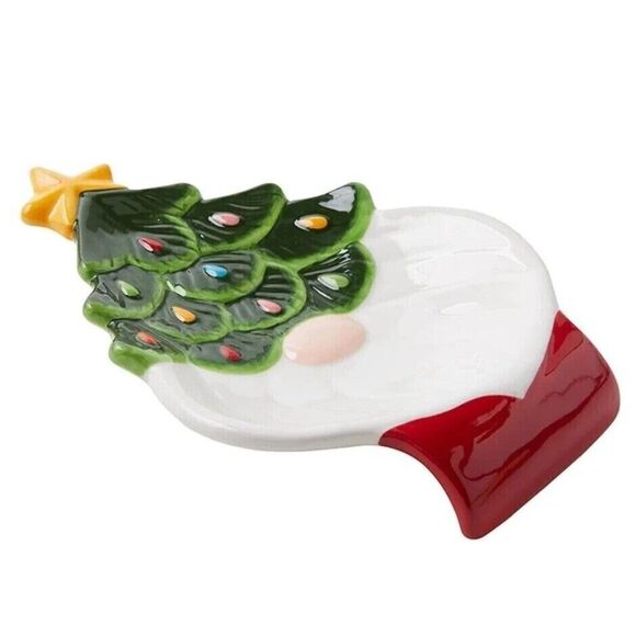 Santa Gnome Spoon Rest Christmas Holiday Festive Tree Hat Star Stoneware NEW - Picture 2 of 2